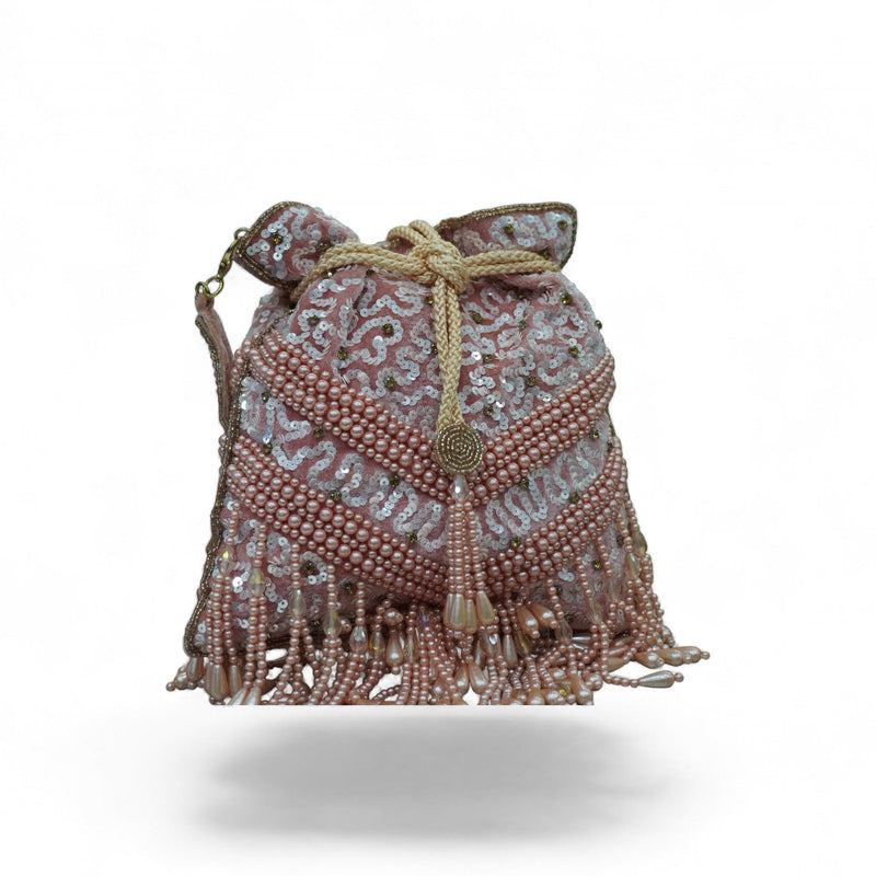 Rosé Pearl Fringe Sequin Potli Bag — front