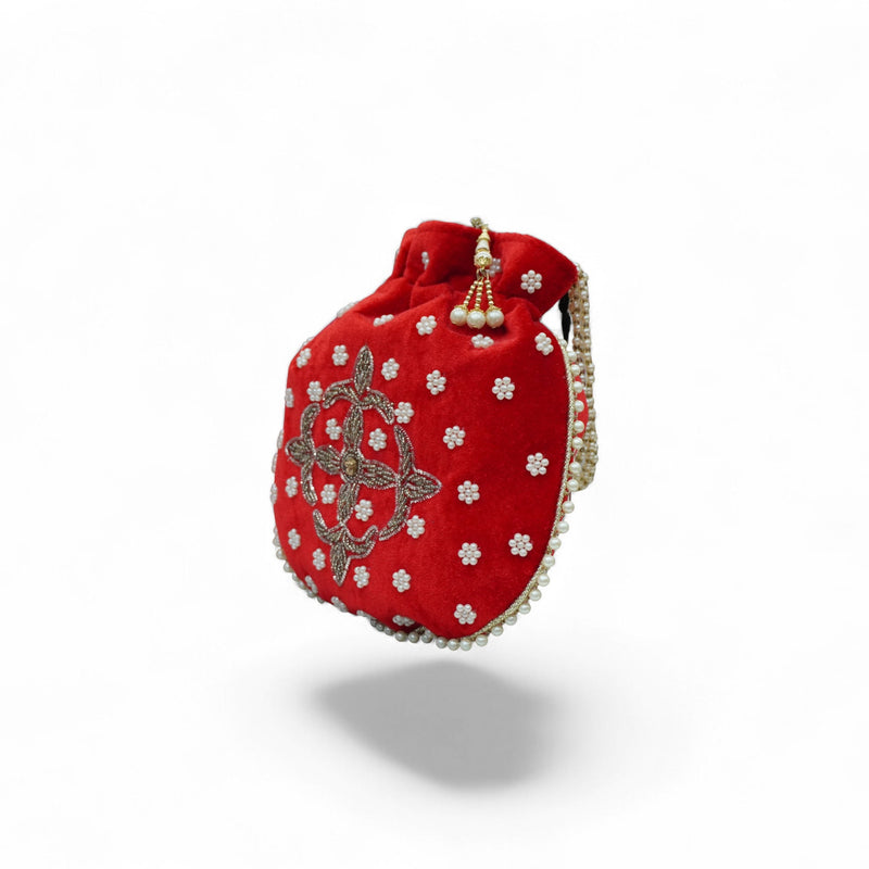 Gulnaar Red Velvet Pearl-Embroidered Potli Bag — angle