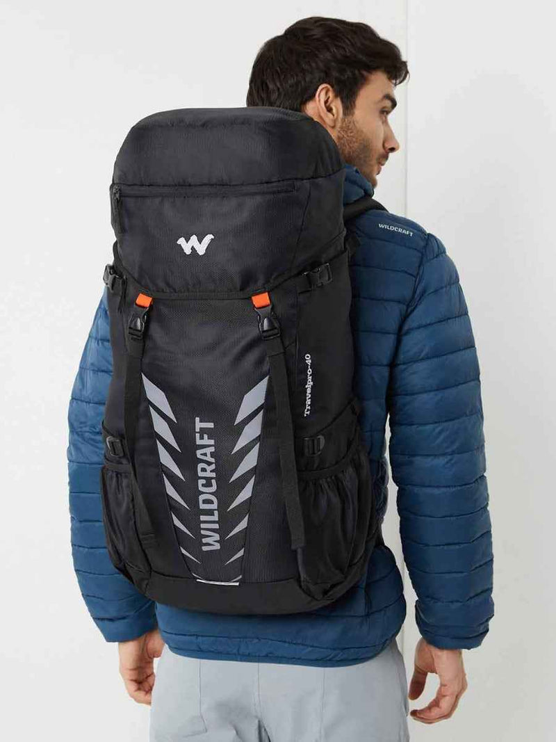 Wildcraft Travel Pro 40 L Rucksack in Black — back view worn by model