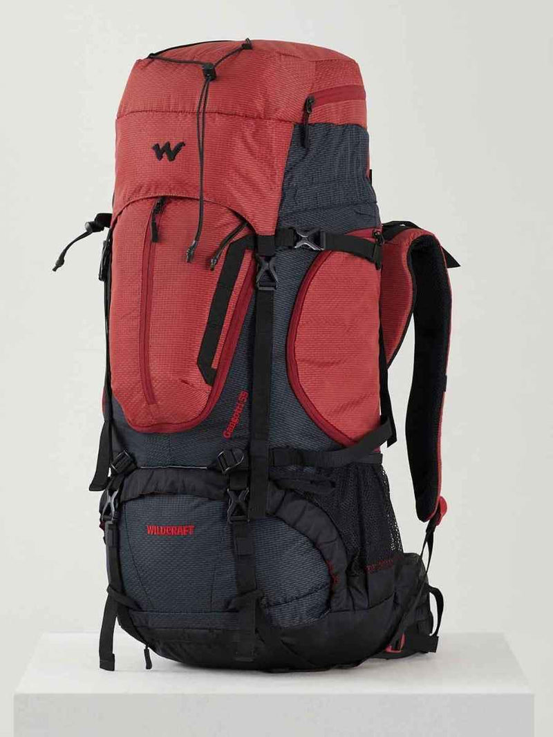 Wildcraft Gangotri 55 L Rucksack in Red Black — three-quarter front view from the right