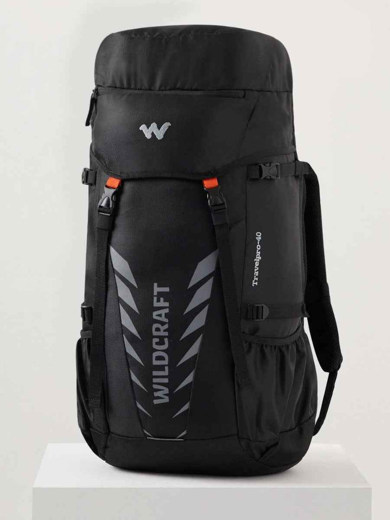 Wildcraft Travel Pro 40 L Rucksack in Black — angled front view showing right side pocket