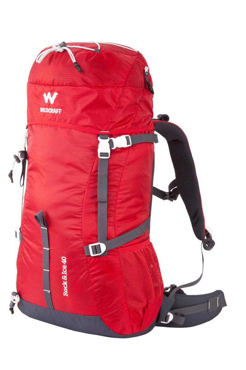 Wildcraft Rock & Ice Ripstop Rucksack in Red — angled left three-quarter view
