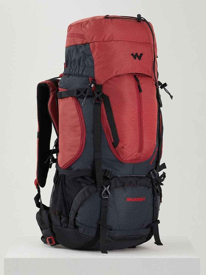 Wildcraft Gangotri 55 L Rucksack in Red Black — three-quarter front view from the left