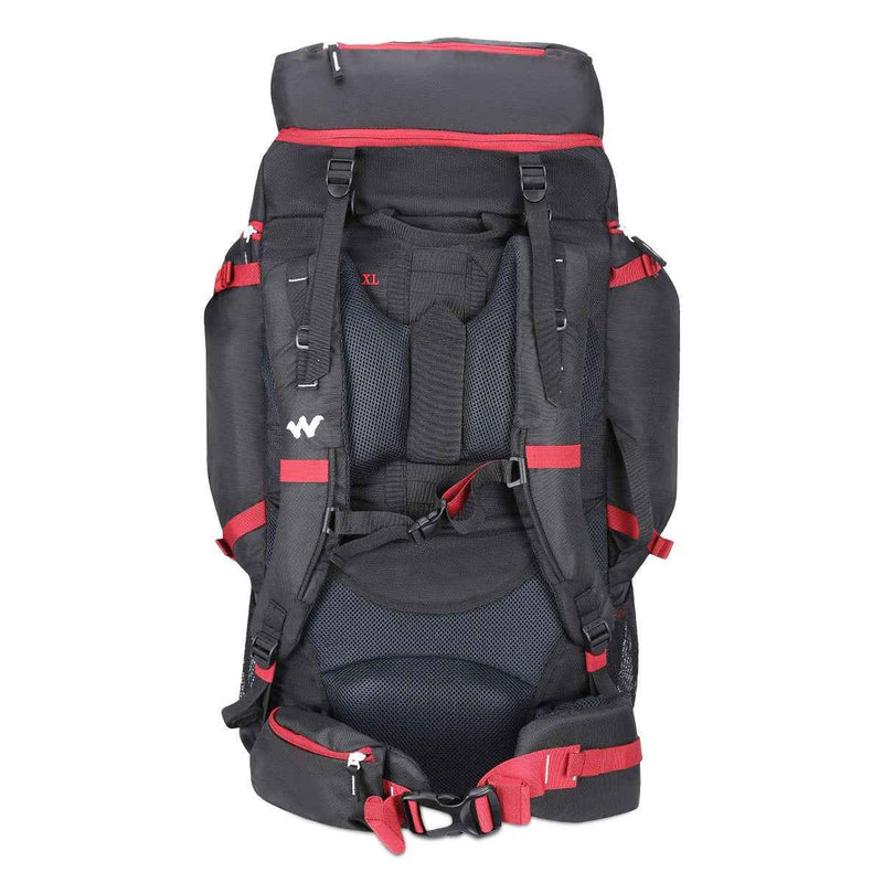 Wildcraft Verge 70 L Rucksack in Black — back view with harness and waistbelt