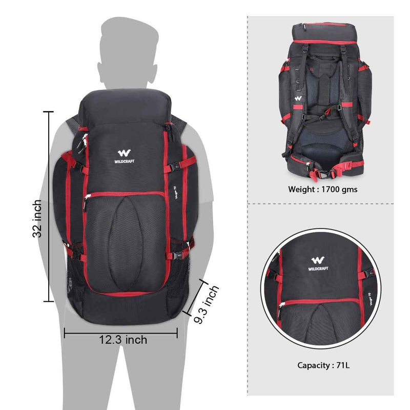 Wildcraft Verge 70 L Rucksack in Black — size comparison and dimensions diagram, 71 L capacity