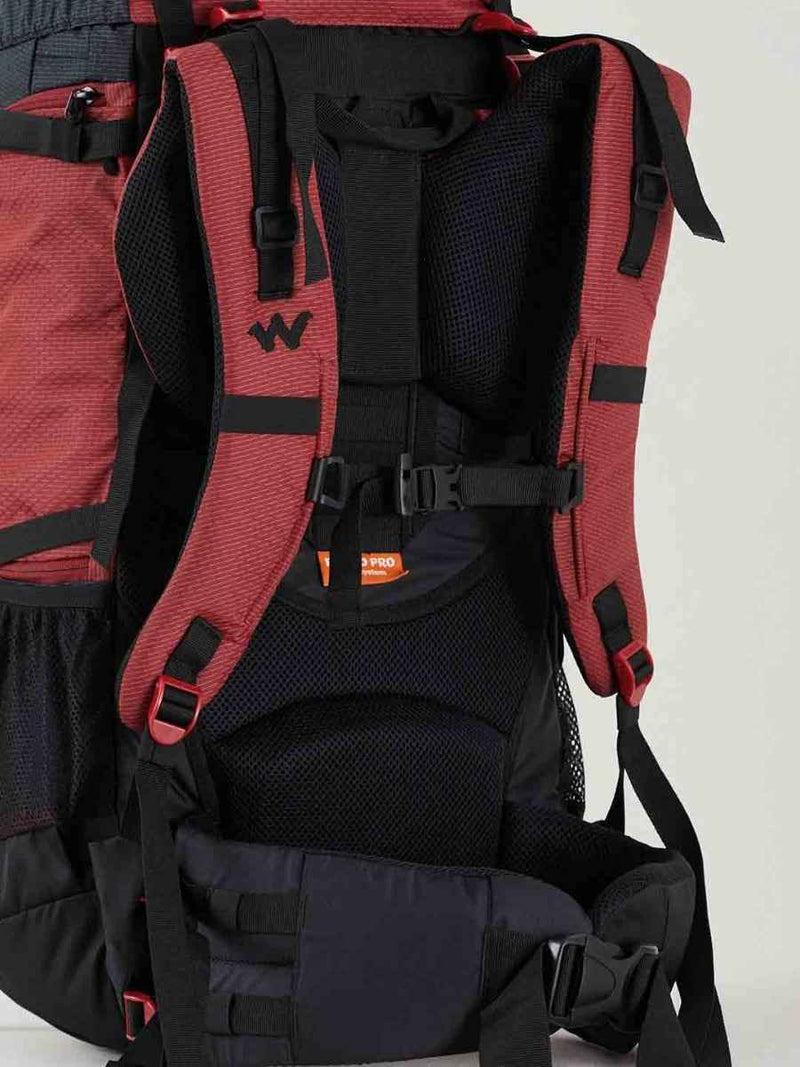 Wildcraft Gangotri 55 L Rucksack in Red Black — close-up of shoulder straps and back system