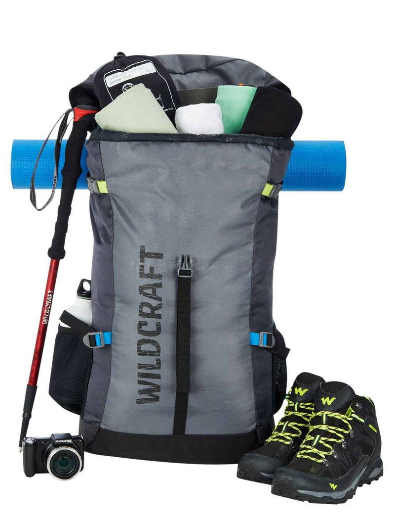 Wildcraft Flip Traveler 60 L Rucksack in Grey — packed with trekking pole, mat, camera and shoes
