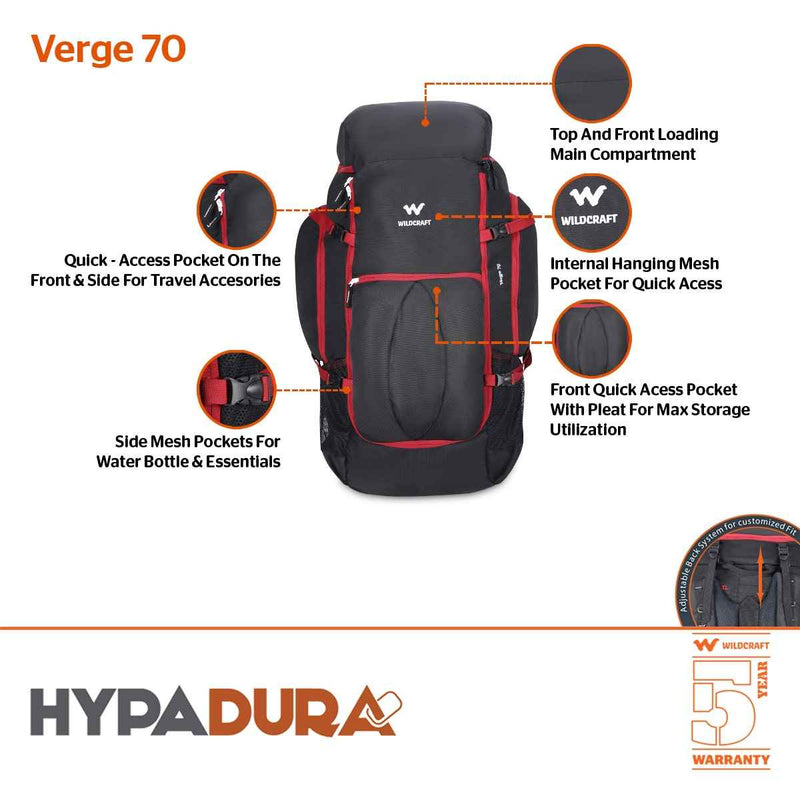 Wildcraft Verge 70 L Rucksack in Black — feature infographic: main compartment, mesh and side pockets