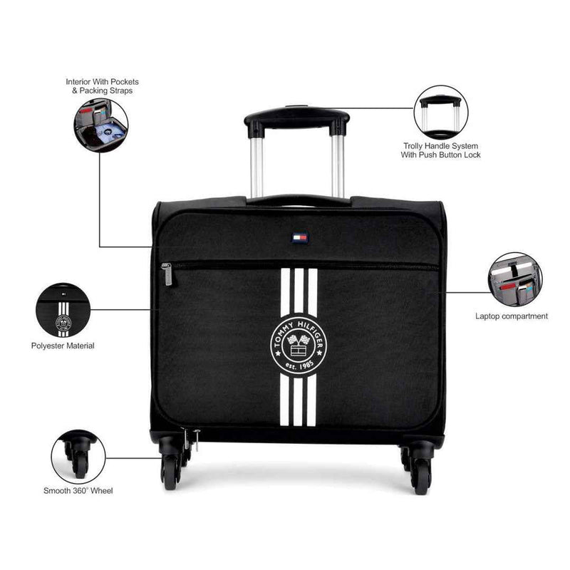 Tommy Hilfiger Planetary X Overnighter Soft Luggage in Black — feature callouts: laptop slot, trolley lock, 360° wheels