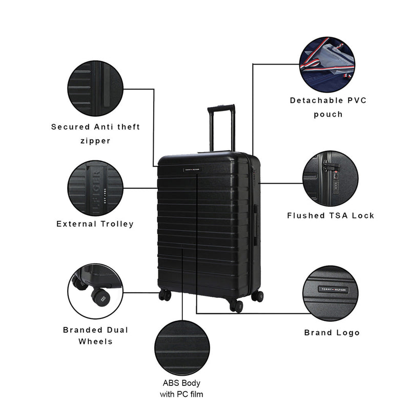Tommy Hilfiger Hoover X Hardside Trolley Bag in Black — feature infographic: TSA lock, anti-theft zipper, dual wheels