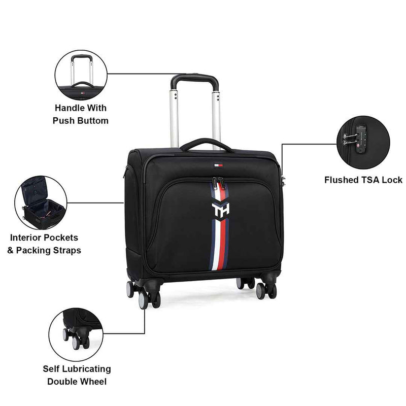 Tommy Hilfiger Kingsville #GoGreen Recycled Overnighter Bag in Black — feature infographic: TSA lock, straps, wheels