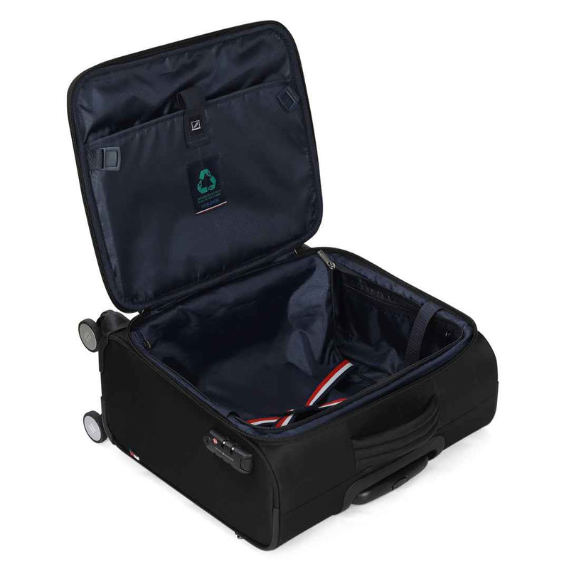 Tommy Hilfiger Kingsville #GoGreen Recycled Overnighter Bag in Black — open interior view with packing straps