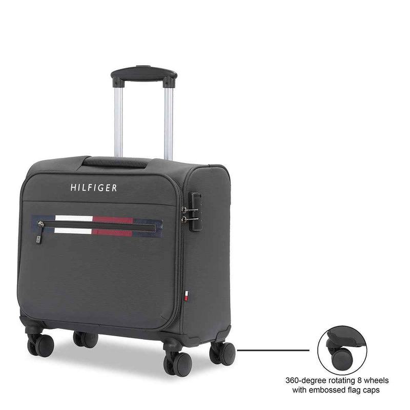 Tommy Hilfiger Illinois Polyester Overnighter Cabin Bag in Grey — front view with 360-degree spinner wheels callout
