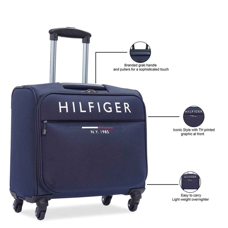 Tommy Hilfiger Carolina Polyester Overnighter Cabin Bag in Navy — grab handle and front graphic callouts