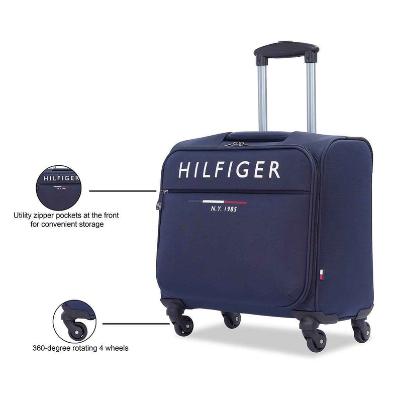 Tommy Hilfiger Carolina Polyester Overnighter Cabin Bag in Navy — front zip pockets and 4-wheel callouts