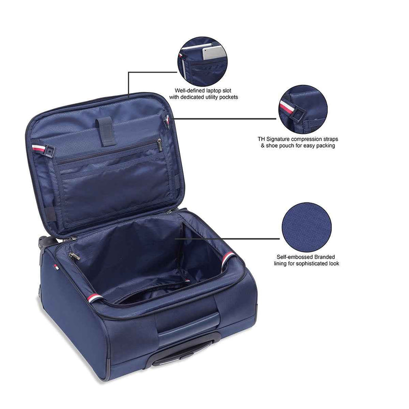 Tommy Hilfiger Carolina Polyester Overnighter Cabin Bag in Navy — open interior with laptop slot callouts