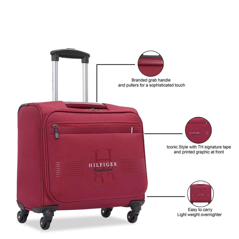 Tommy Hilfiger Formington Polyester Overnighter Cabin Bag in Burgundy — grab handle and front graphic callouts