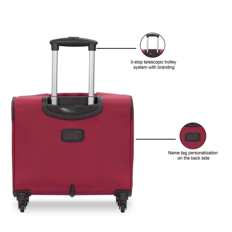 Tommy Hilfiger Formington Polyester Overnighter Cabin Bag in Burgundy — back view with trolley and name tag callouts