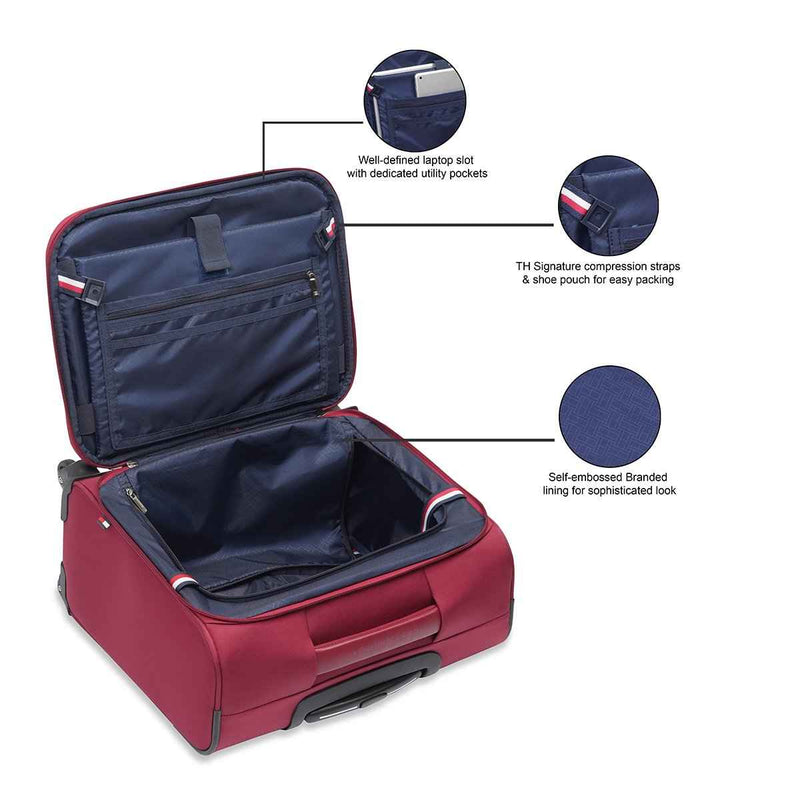 Tommy Hilfiger Formington Polyester Overnighter Cabin Bag in Burgundy — open interior with laptop slot callouts