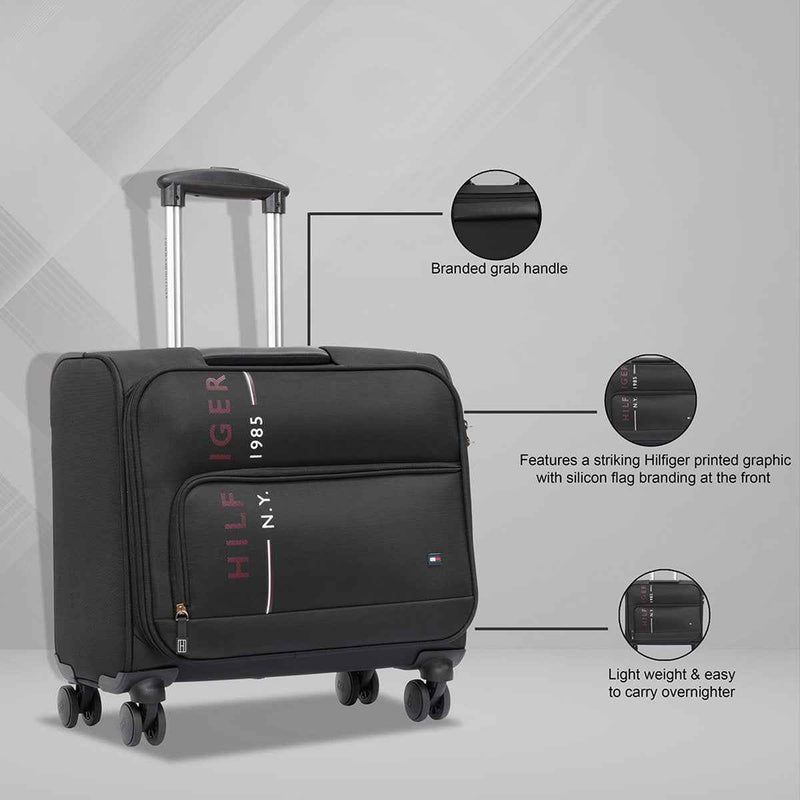 Tommy Hilfiger Clarkson Polyester Overnighter Cabin Bag in Black — feature callouts: grab handle, flag graphic, lightweight