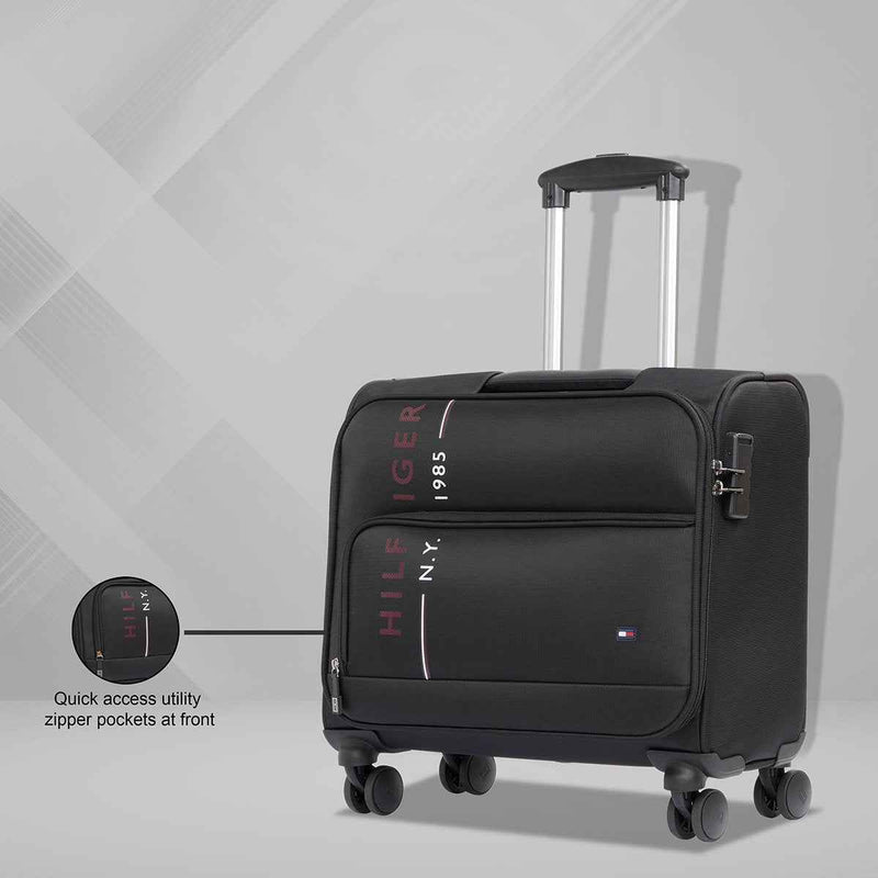 Tommy Hilfiger Clarkson Polyester Overnighter Cabin Bag in Black — front view with quick-access utility zip pockets