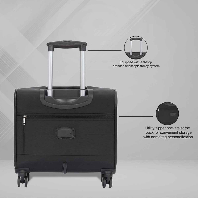 Tommy Hilfiger Clarkson Polyester Overnighter Cabin Bag in Black — back view with telescopic trolley and rear zip pockets