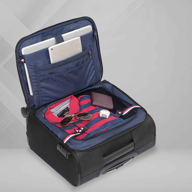 Tommy Hilfiger Clarkson Polyester Overnighter Cabin Bag in Black — open interior packed with laptop and clothing