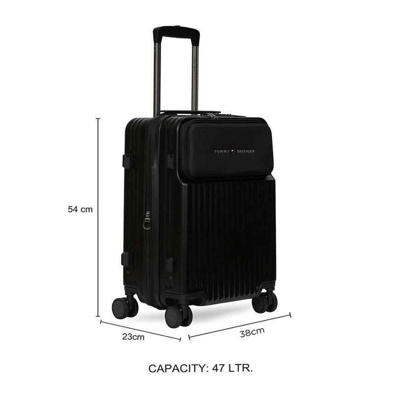 Tommy Hilfiger Pittsburg Hardside Trolley Bag in Black — cabin dimensions diagram, 54x38x23 cm, 47 L
