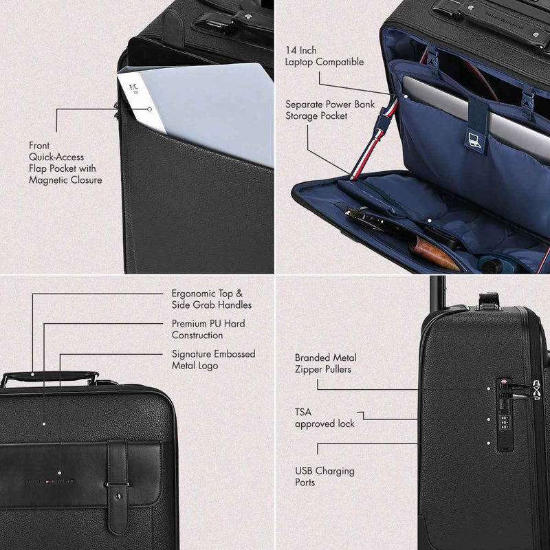 Tommy Hilfiger Lincoln Hardshell Overnighter Cabin Trolley in Black — pockets, laptop sleeve and lock features