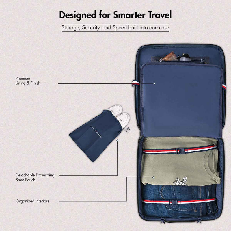 Tommy Hilfiger Lincoln Hardshell Overnighter Cabin Trolley in Black — open interior packed with clothing