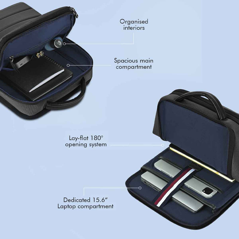 Tommy Hilfiger Bladen Water-Resistant Laptop Backpack in Black — interior infographic, lay-flat laptop slot