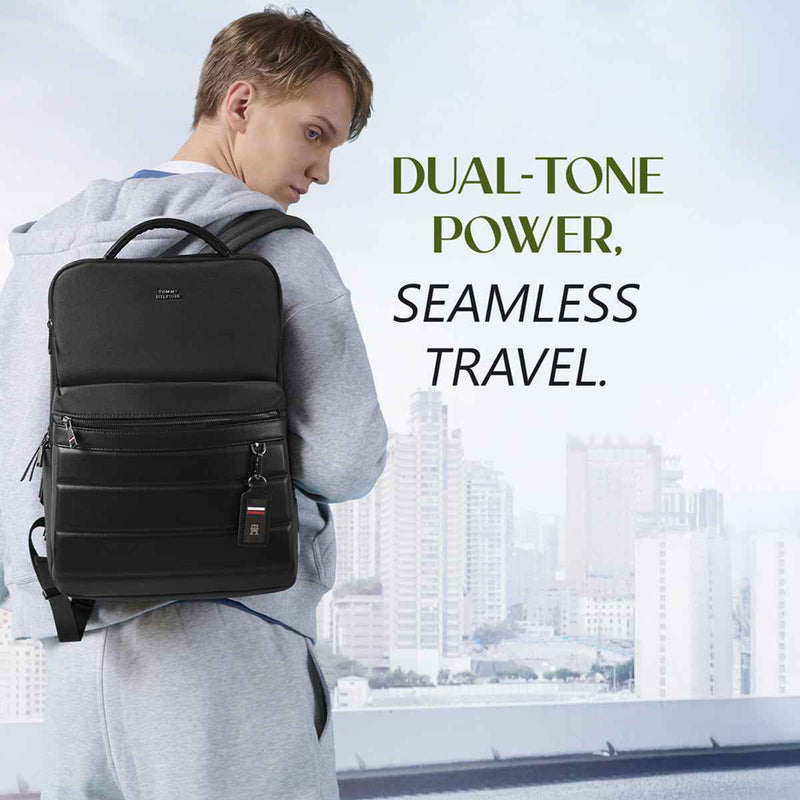 Tommy Hilfiger Bladen Water-Resistant Laptop Backpack in Black — lifestyle shot, model wearing it