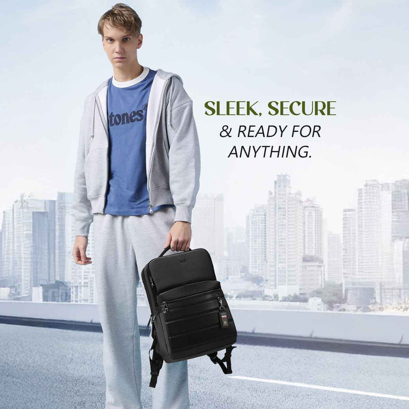 Tommy Hilfiger Bladen Water-Resistant Laptop Backpack in Black — lifestyle shot, model carrying it
