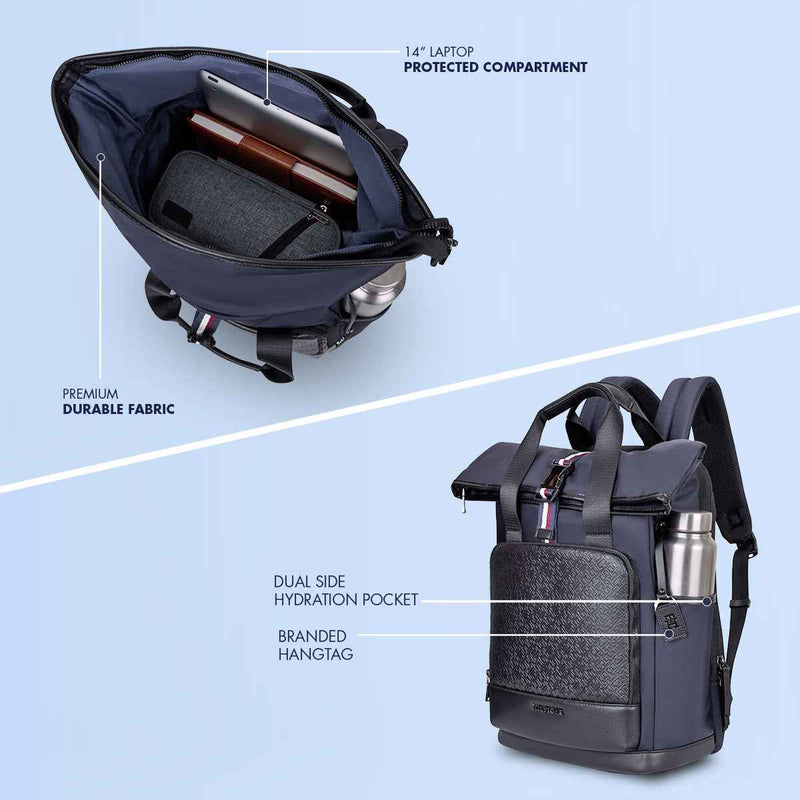Tommy Hilfiger Slate 22.5L Twill Laptop Backpack in Navy — infographic: laptop compartment, hydration pocket