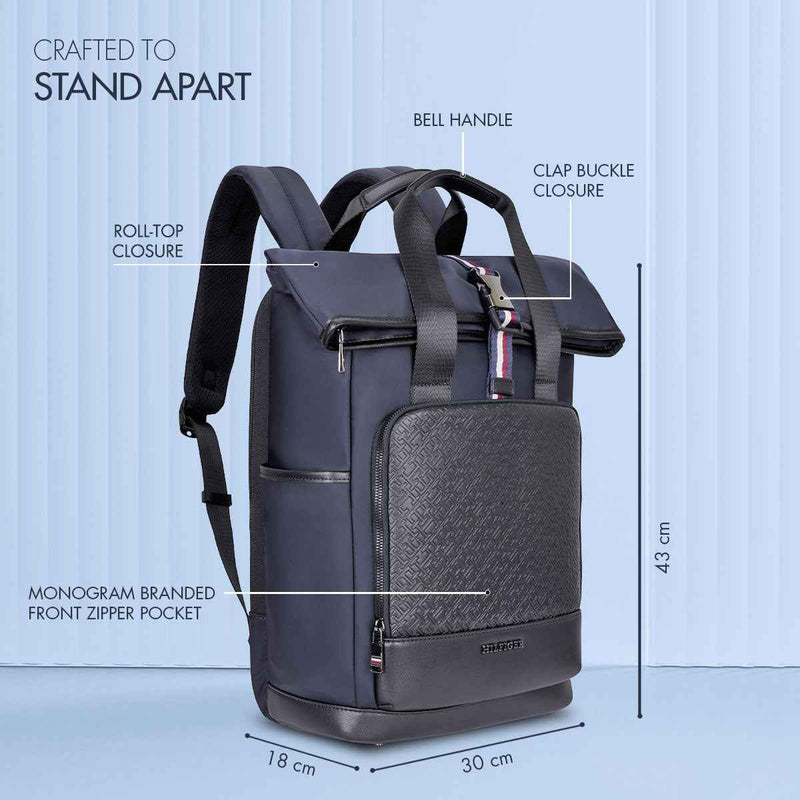 Tommy Hilfiger Slate 22.5L Twill Laptop Backpack in Navy — infographic: roll-top closure, bell handle, sizes