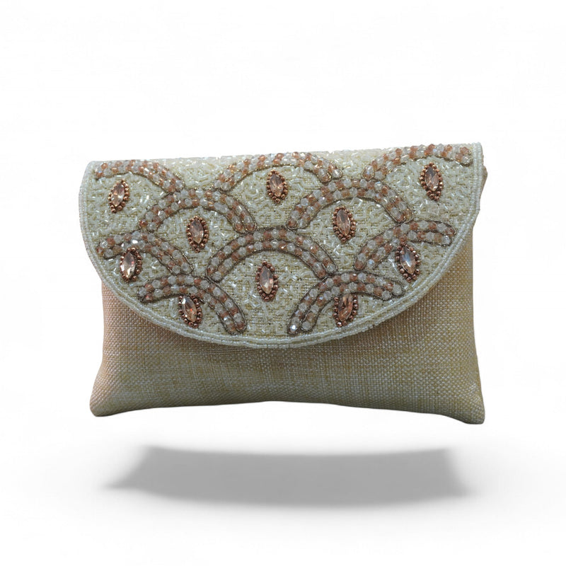 Champagne Elegance Hand-Embroidered Beaded Clutch — front