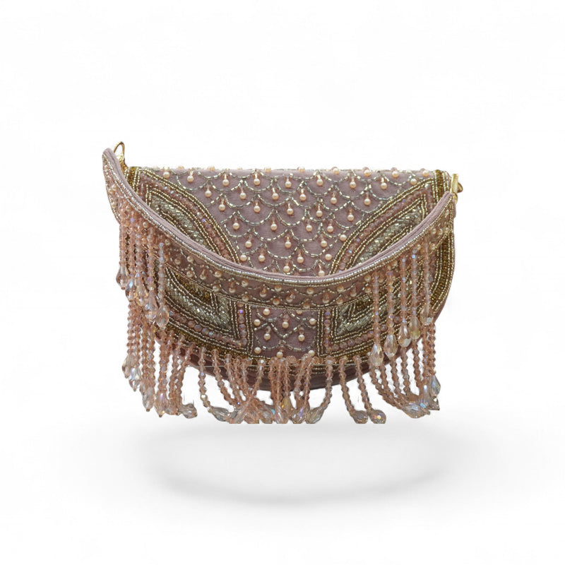 Blush Pearl Crescent Hand-Embroidered Clutch — front