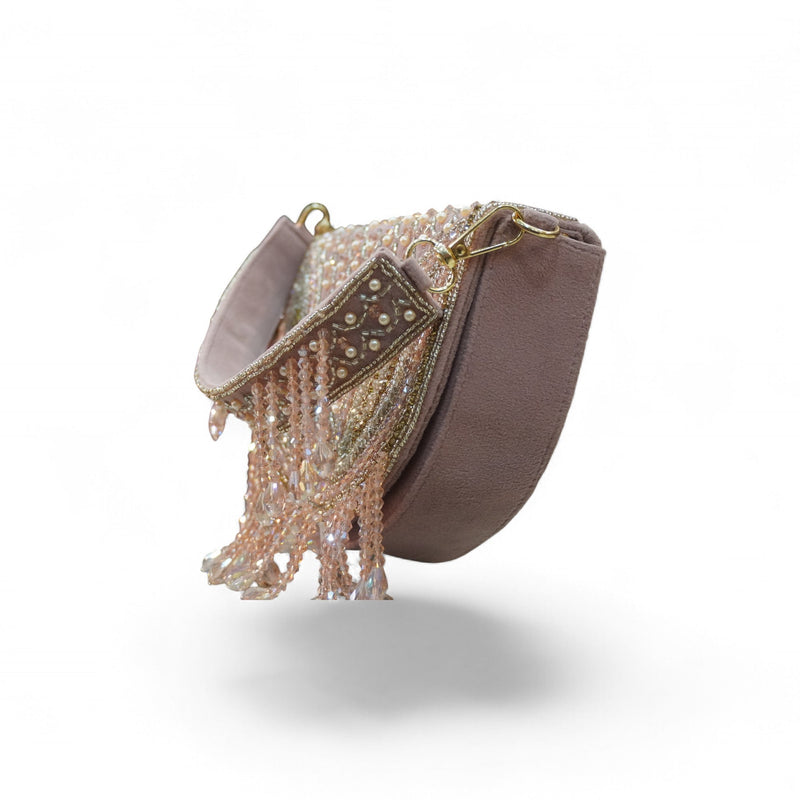 Blush Pearl Crescent Hand-Embroidered Clutch — angle