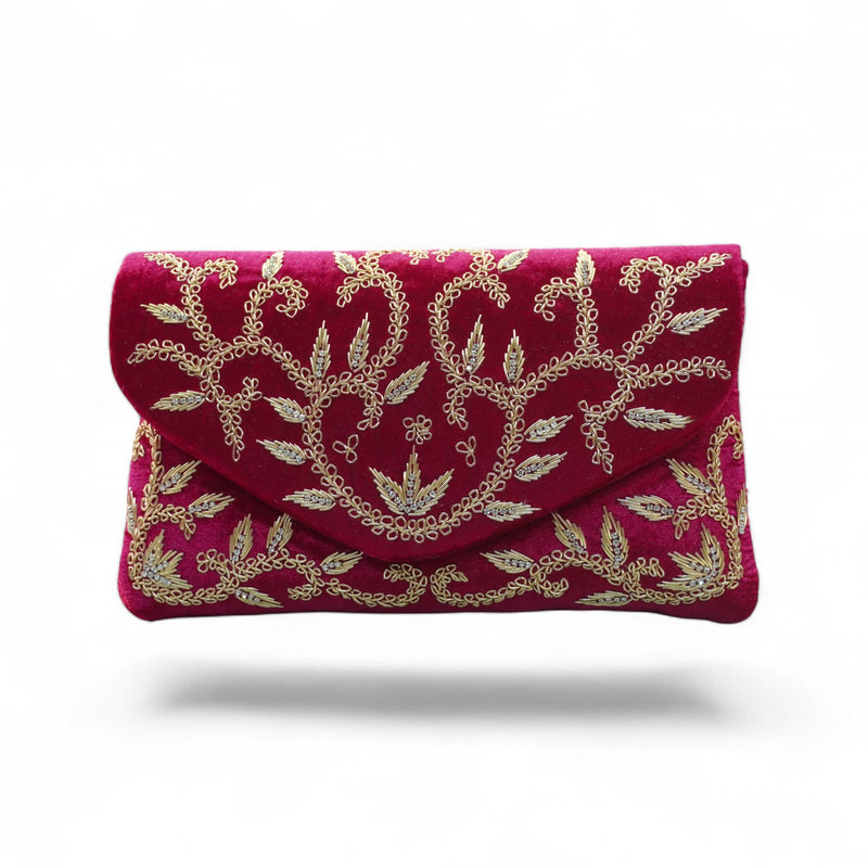 Royal Crimson Velvet Hand-Embroidered Clutch — front
