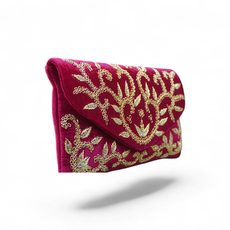 Regal Maroon Hand-Embroidered Velvet Clutch — angle