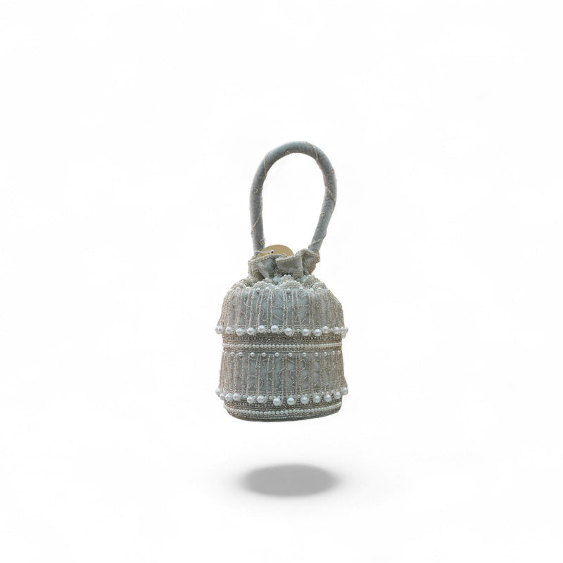 Silver Velvet Potli Bag with Pearl and Bead Embellishments — front