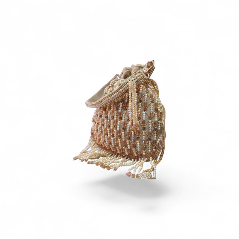 Elegant Handcrafted Pearl Beaded Potli Bag — angle