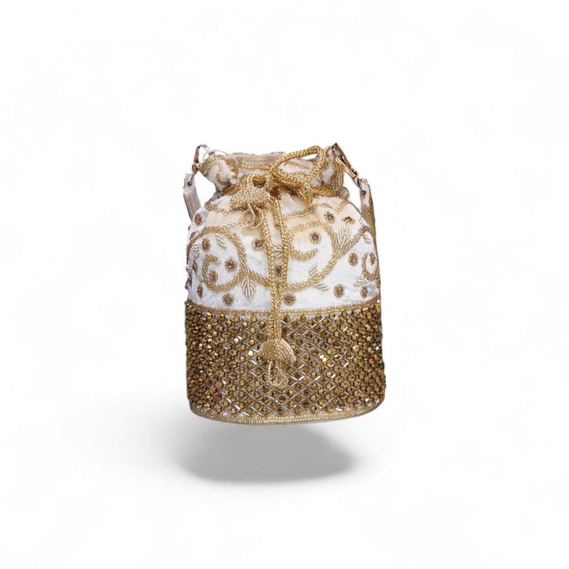 Elegant Golden Embroidered Potli Bag — angle