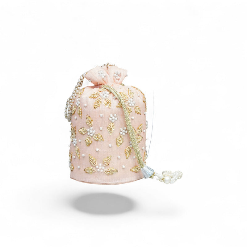 Blush Pink Pearl Embellished Potli Bag — angle