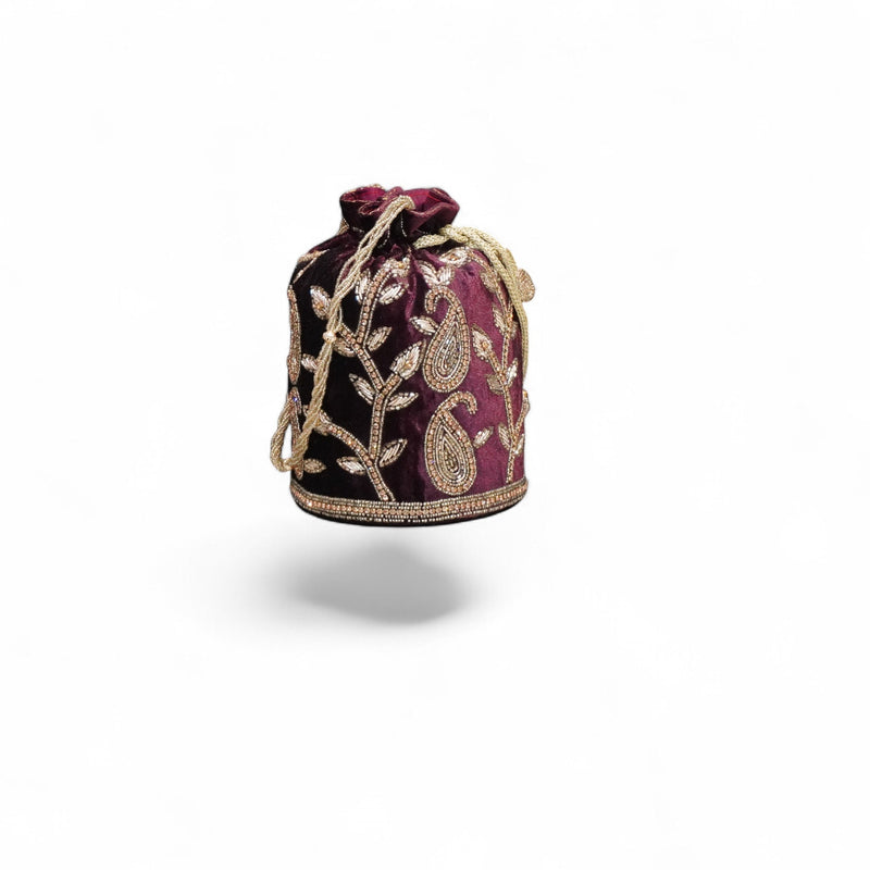 Royal Maroon Velvet Embroidered Potli Bag — angle