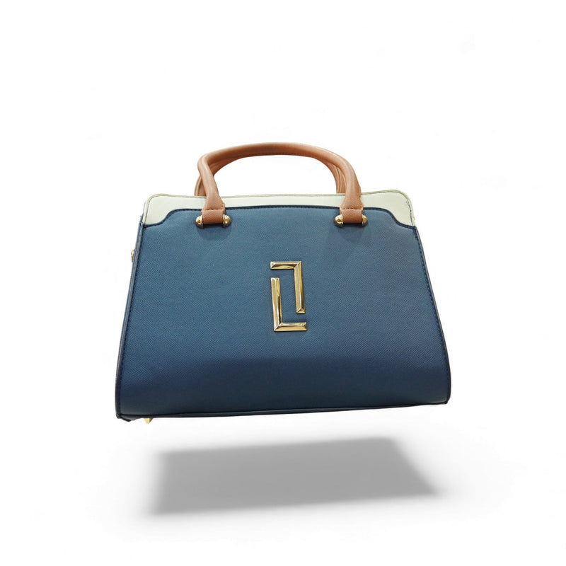 Blue & Beige Structured Handbag — angle view