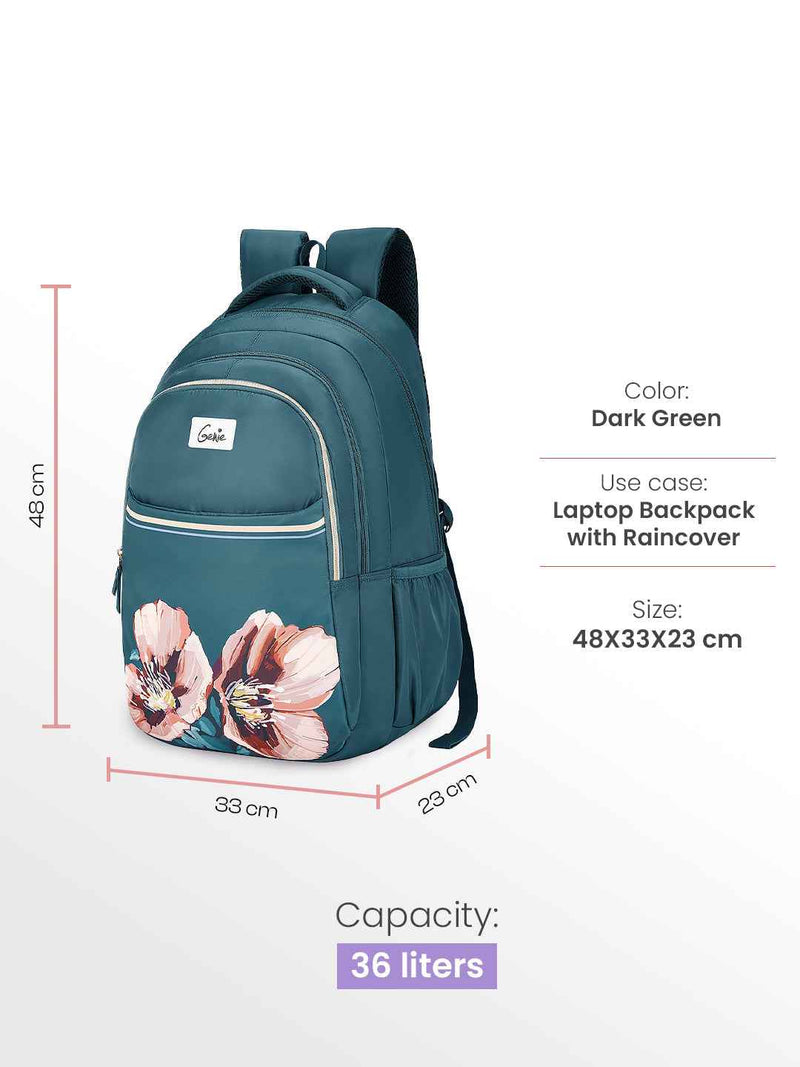 Genie Evepetal 36L Laptop Backpack With Raincover - Dark Green