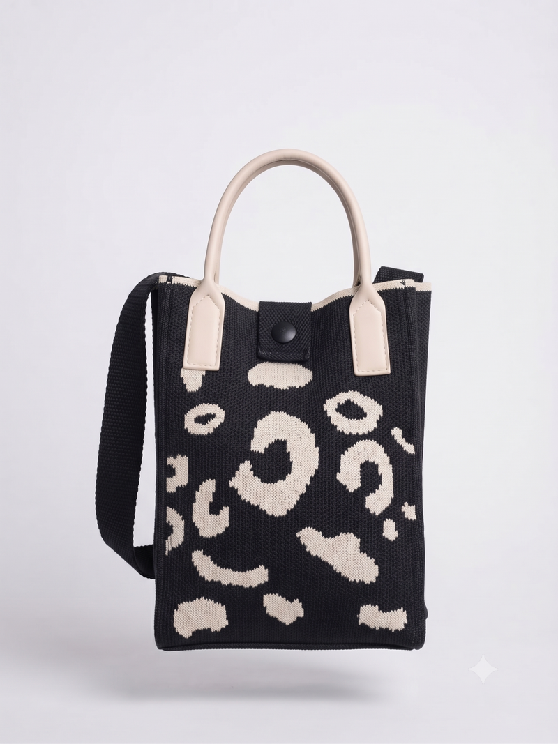 Women's Black & Cream Knitted Mobile Shoulder Bag
