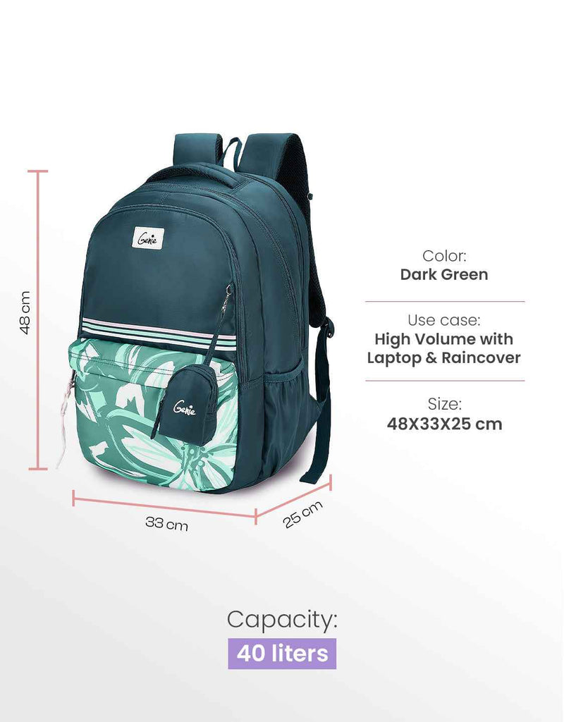 Genie Petalis 40L Laptop Backpack With Raincover - Dark Green