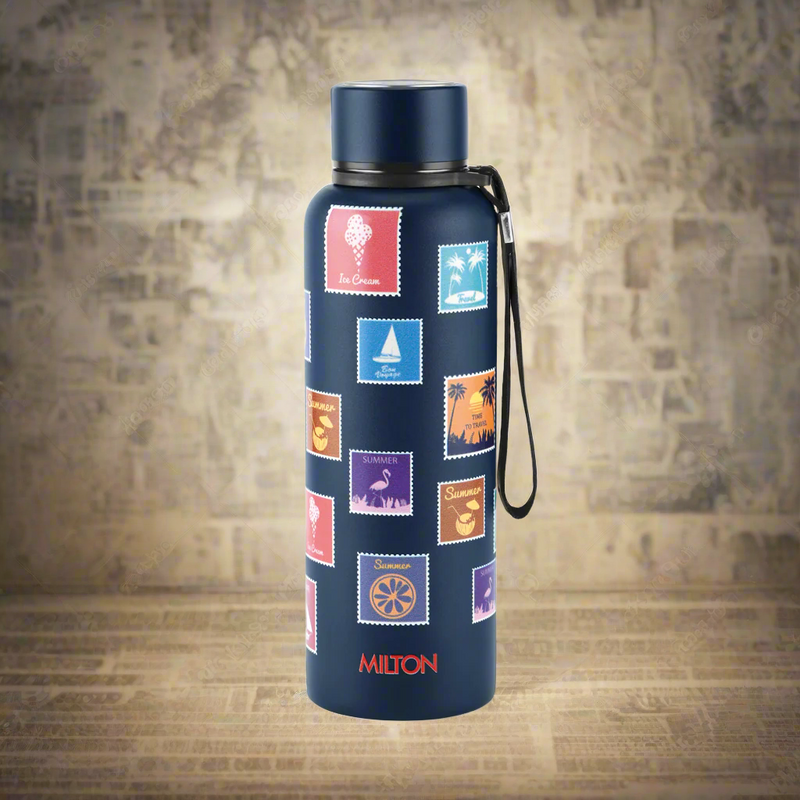 Milton Curated Stamps 3D UV Aura Thermosteel Bottle 725ml Dark Blue — front view
